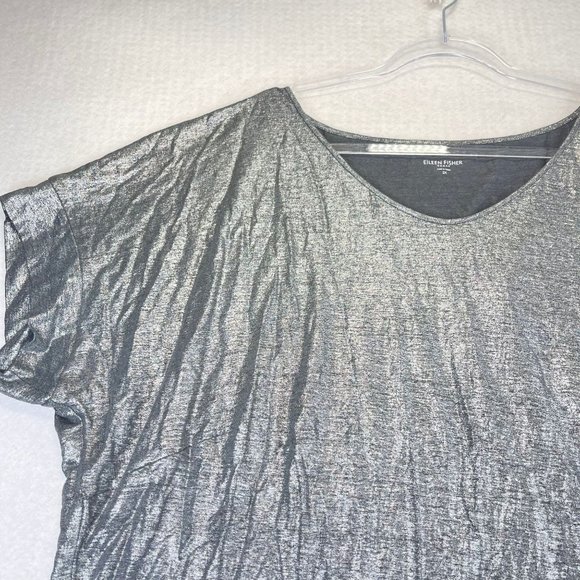 NWOT EILEEN FISHER Womens 2X Plue Linen Metallic Silver Pullover Tunic Top Party - Picture 2 of 10